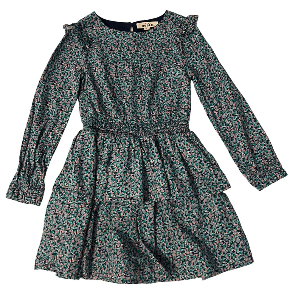 Mini Boden 8-9Y Girls Multi Floral Tiered Long Sleeve Smocked Dress